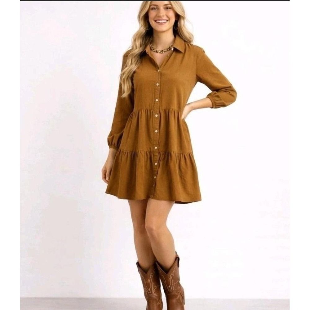 J.Crew Shirt Dress Womens 6 Brown Corduroy Button Front Tiered Long Sleeve